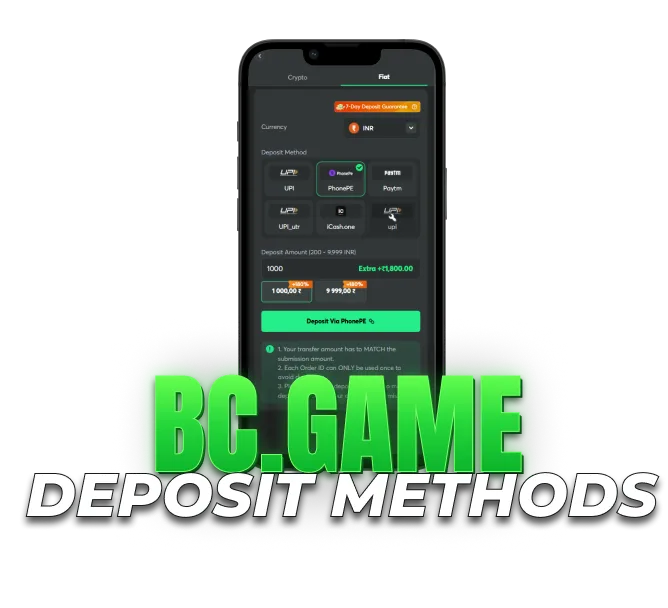 BC.GAME deposit methods in India with INR payment options on mobile.